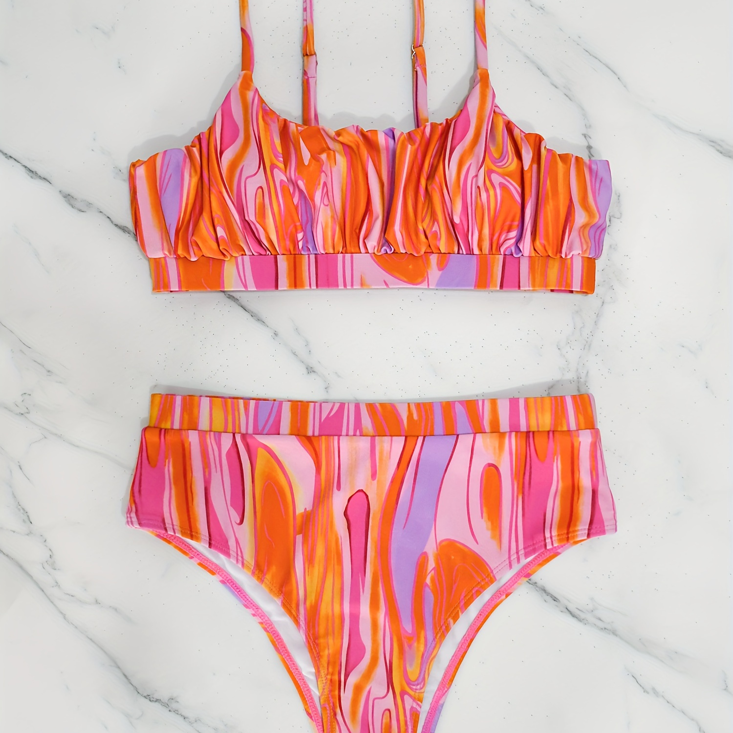 Fluid Print Spaghetti Strap 2 Piece Set Bikini, Comfy Stylish Back Buckle  Swimsuits, Women's Swimwear & Clothing