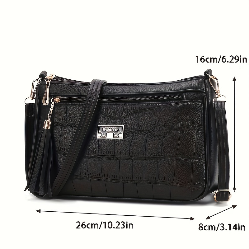 

Sac à bandoulière élégant motif Crocodile en relief pour femmes, grande capacité, détail de pompon à la mode, matériau PU Durable