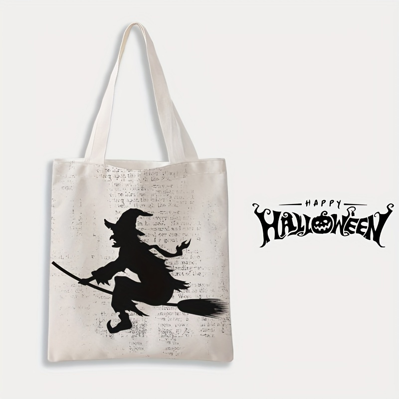 

Spooky Witch On Broom Print Tote Bag, Halloween Polyester Casual Reusable Bag, Fashionable Multifunctional Shoulder Bag, Letter Print Canvas Shopping Bag