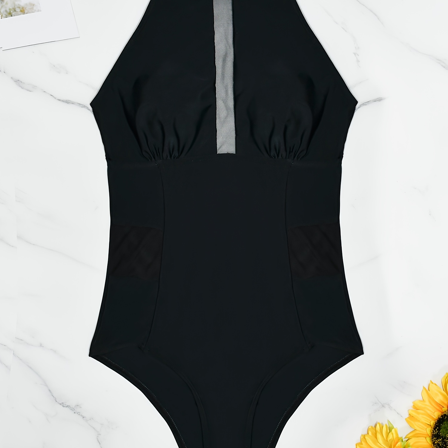 

Mesh Contrast Sleeveless Stretchy One-piece Swimsuit, Plain Black High Cut Bathing Suits, Women's Swimwear & Clothing