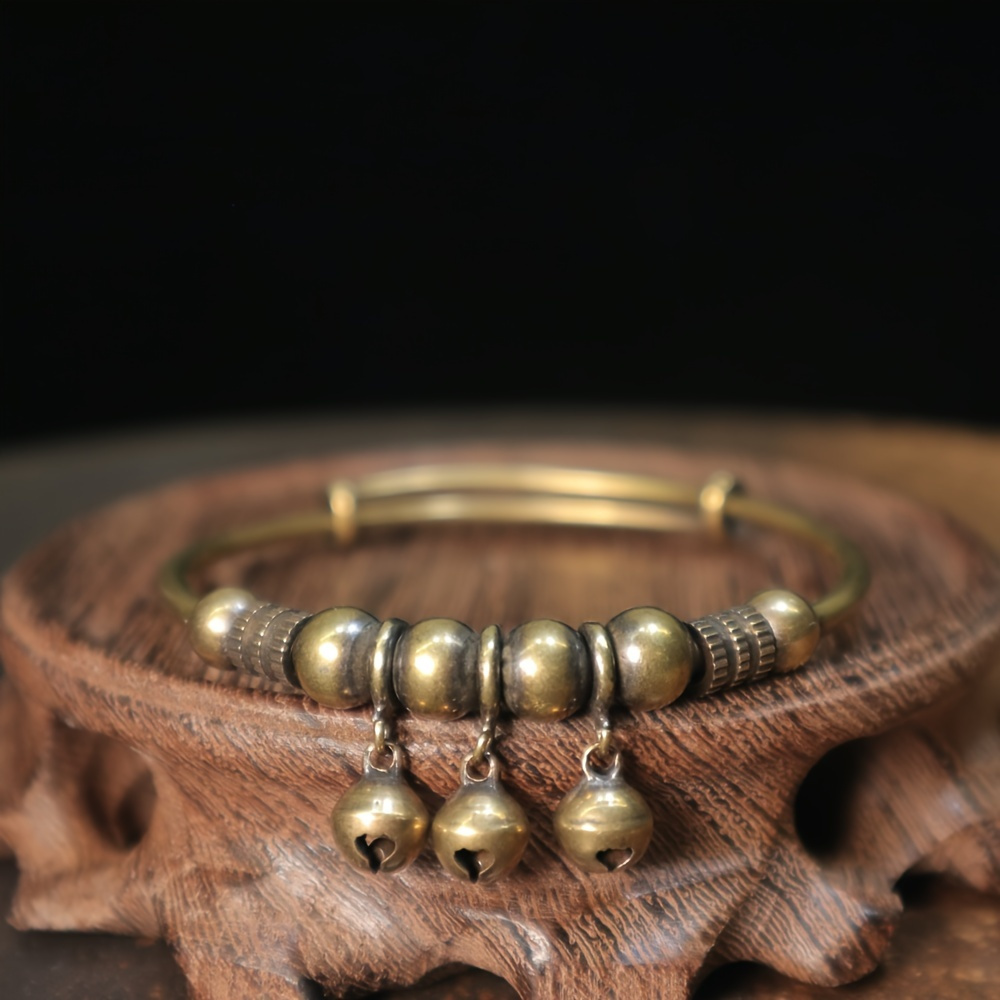 

1pc Vintage Copper Retro Small Bells Push-pull Bracelet, For Men Women
