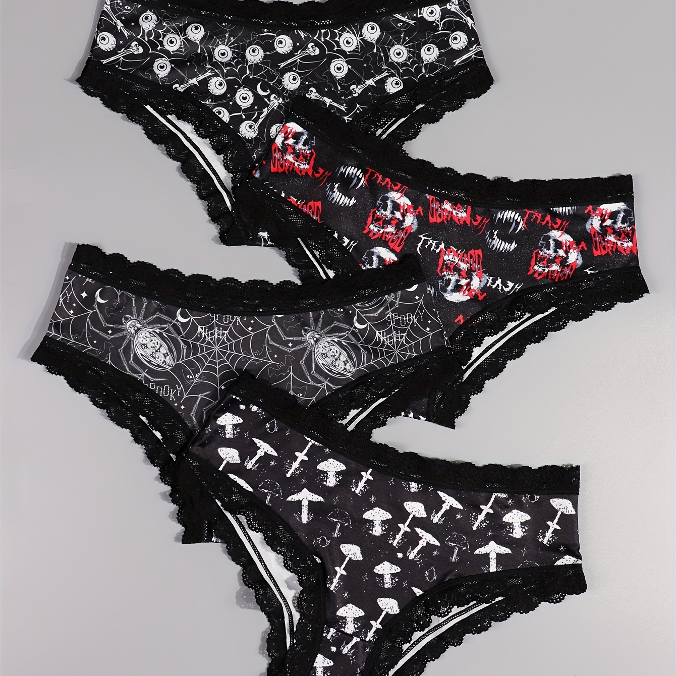 

4pcs Women Gothic Lace Hipster Panties Set, Halloween Skull & Eyeballs & Stars & Mushrooms & Insects Print Intimates Panties, Women's Ladies' Underwear & Lingerie