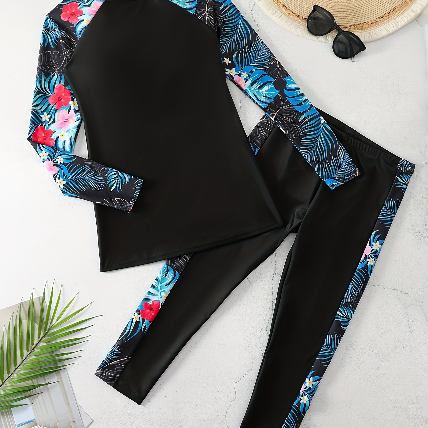 

Tropical Plant Print Long Sleeve Crew Neck 2 Piece Set Tankini, Stretchy Patchwork Top Shirt & Boxer Shorts Swimsuits, Women's Swimwear & Clothing