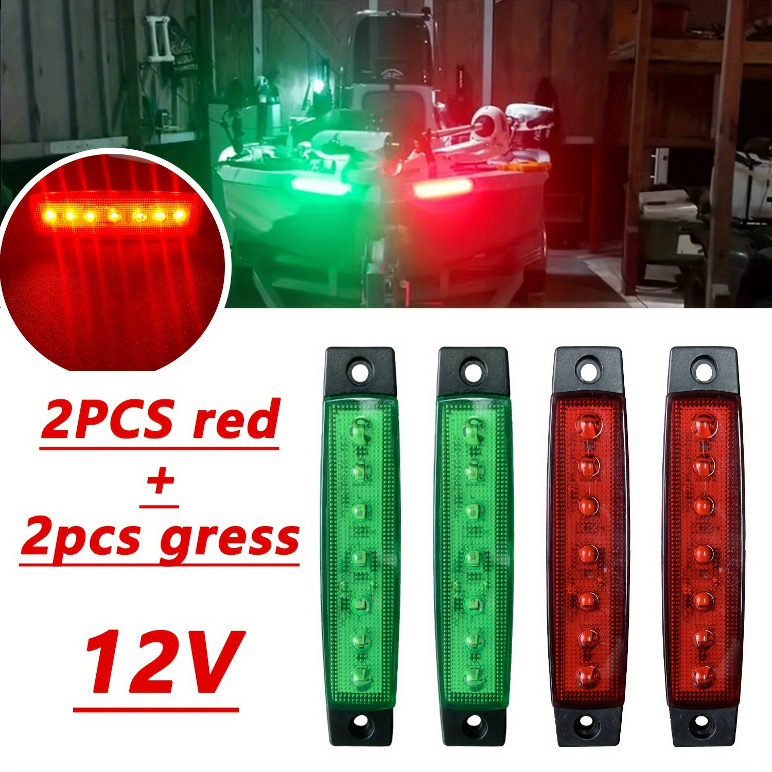 TEMU 4 Bright New 12v Led Side Marker Light Indicator Strips, For Trucks Trailers Buses Boats Rv Trucks - 2 Red + 2 Green