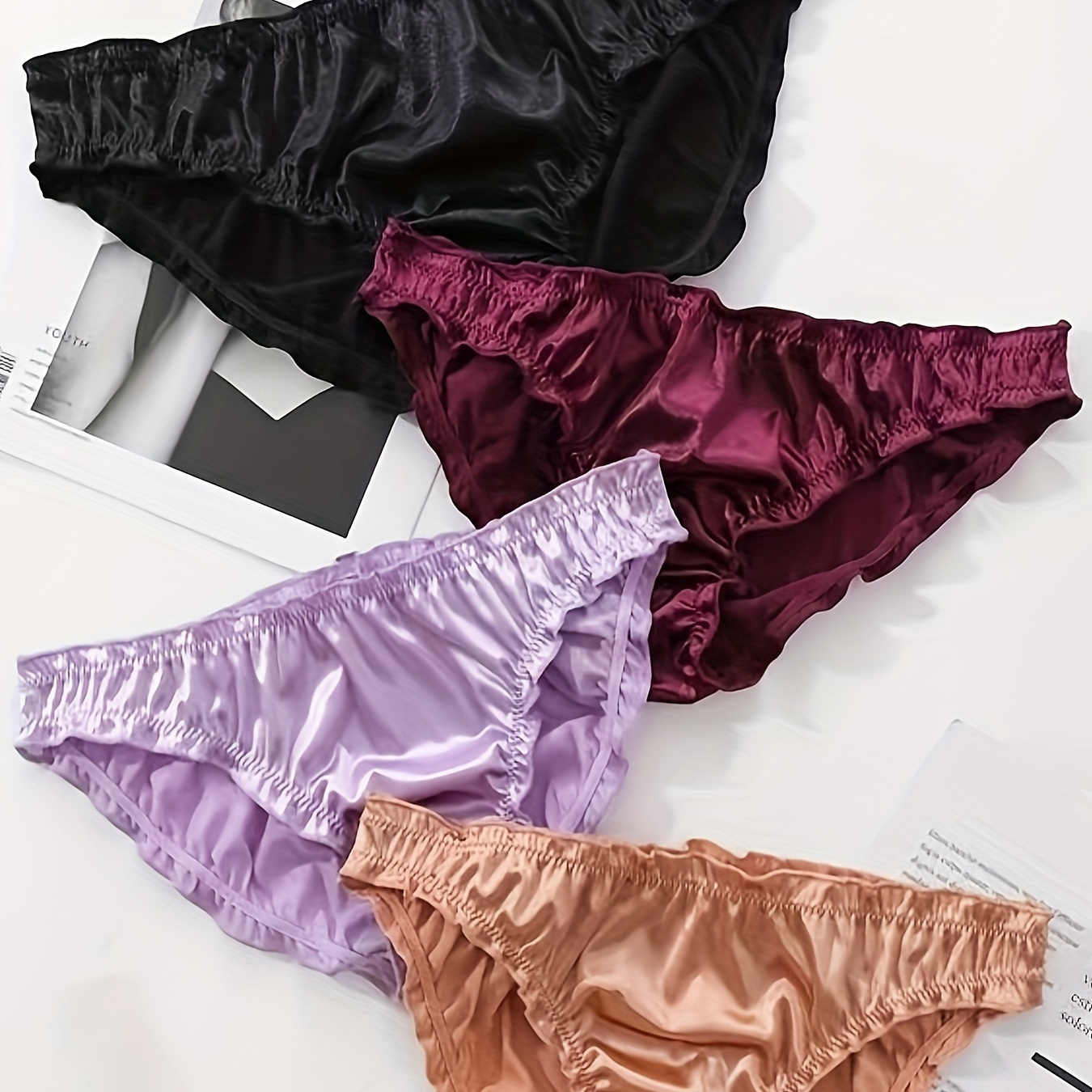 

4pcs Women's Satin Briefs - Sexy, Soft, And Stretchy Low-rise Underwear In Black, Burgundy, Purple, And Rose Golden - Smooth Fabric With Fit