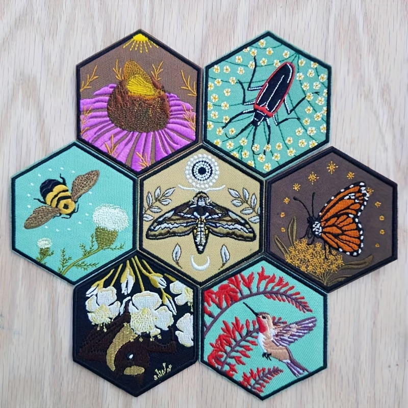 

Hexagonal Embroidered Patch With Bee And Thistle Design - Artisanal Crafts