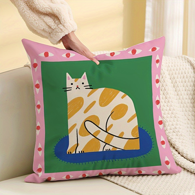 

1pc, Cat Pattern Vintage Polyester Cushion Cover, Pillow Cover, Room Decor, Bedroom Decor, Sofa Decor, Collectible Buildings Accessories (cushion Is Not Included)