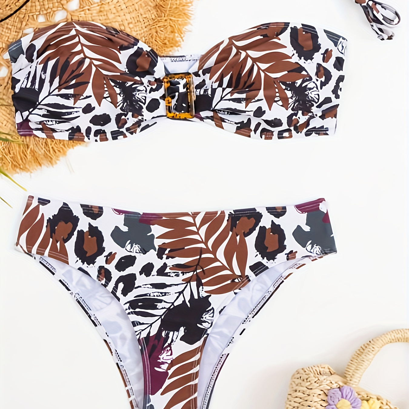 

Leaf Leopard Mixed Print Halter 2 Piece Set Bikini, Rectangle Decor Tie Neck Stretchy Detachable Strap Swimsuits, Women's Swimwear & Clothing