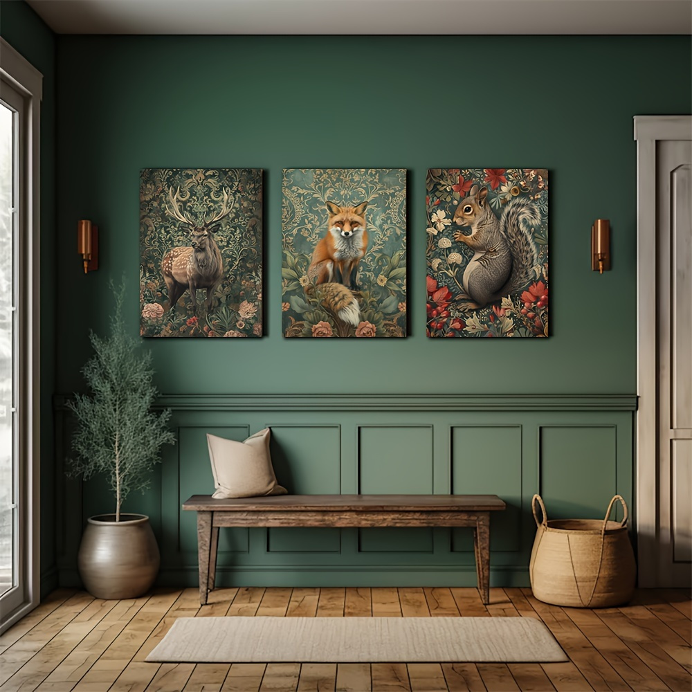 

William Morris-inspired Canvas Art Set Of 3 - Vintage Floral & Animal Prints With Deer, Fox, Squirrel - Frameless Wall Decor For Living Room, Bedroom, Home Office