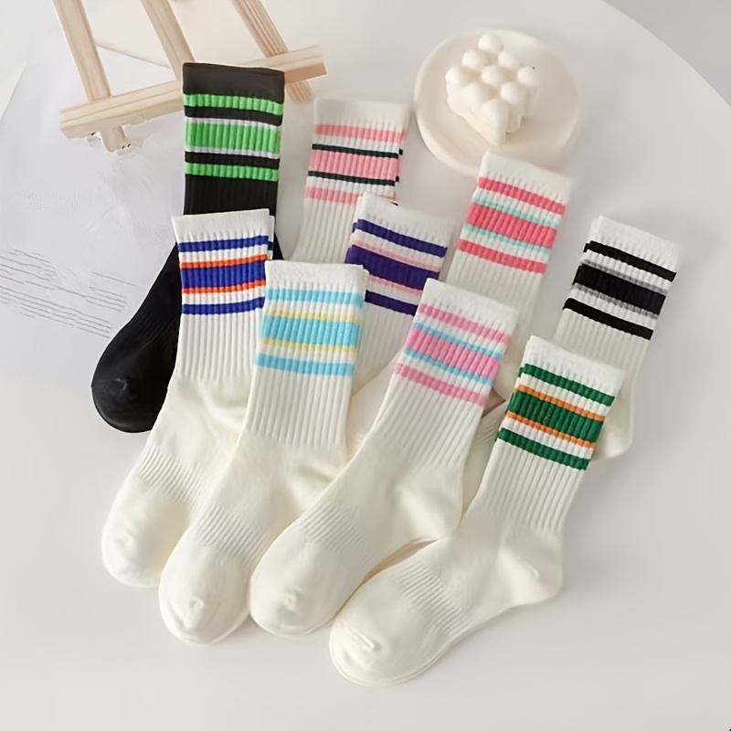 

9 Pairs Colorful Striped Pattern Socks, Comfy & Breathable Mid Tube Socks, Women's Stockings & Hosiery - Perfect For Fall & Winter