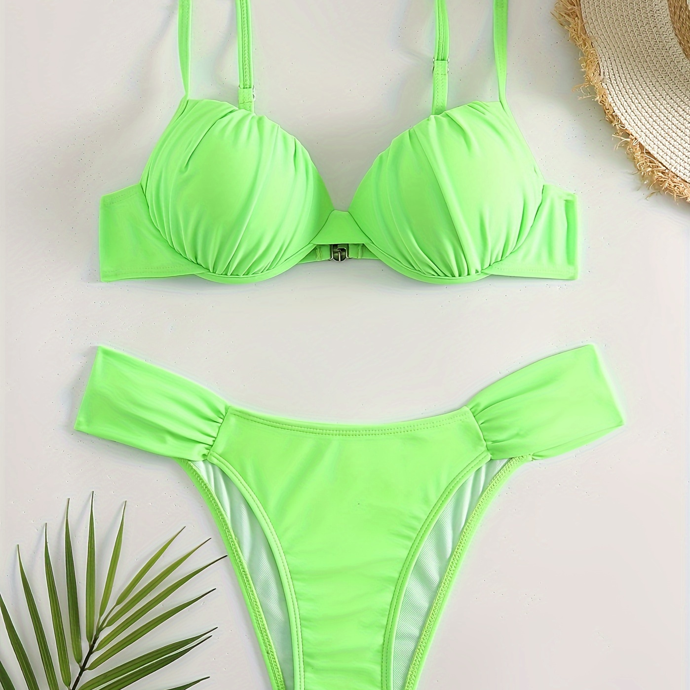 

Green Ruched Bikini Sets, V Neck Spaghetti Straps Back Backless High Cut Beachwear 2 Pieces Swimsuit, Women's Swimwear & Clothing