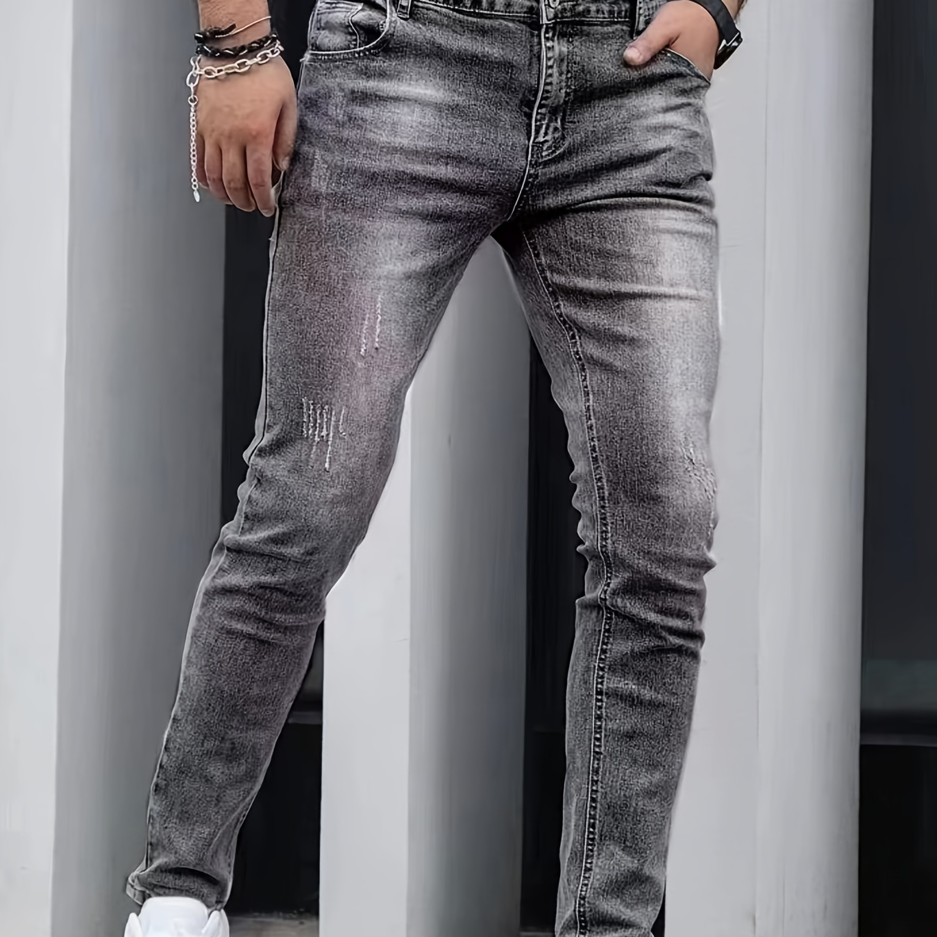 

Men's Slim Fit Denim Jeans - Solid Color, Woven, Medium Stretch, Adult, Regular Length, For Autumn/winter Season