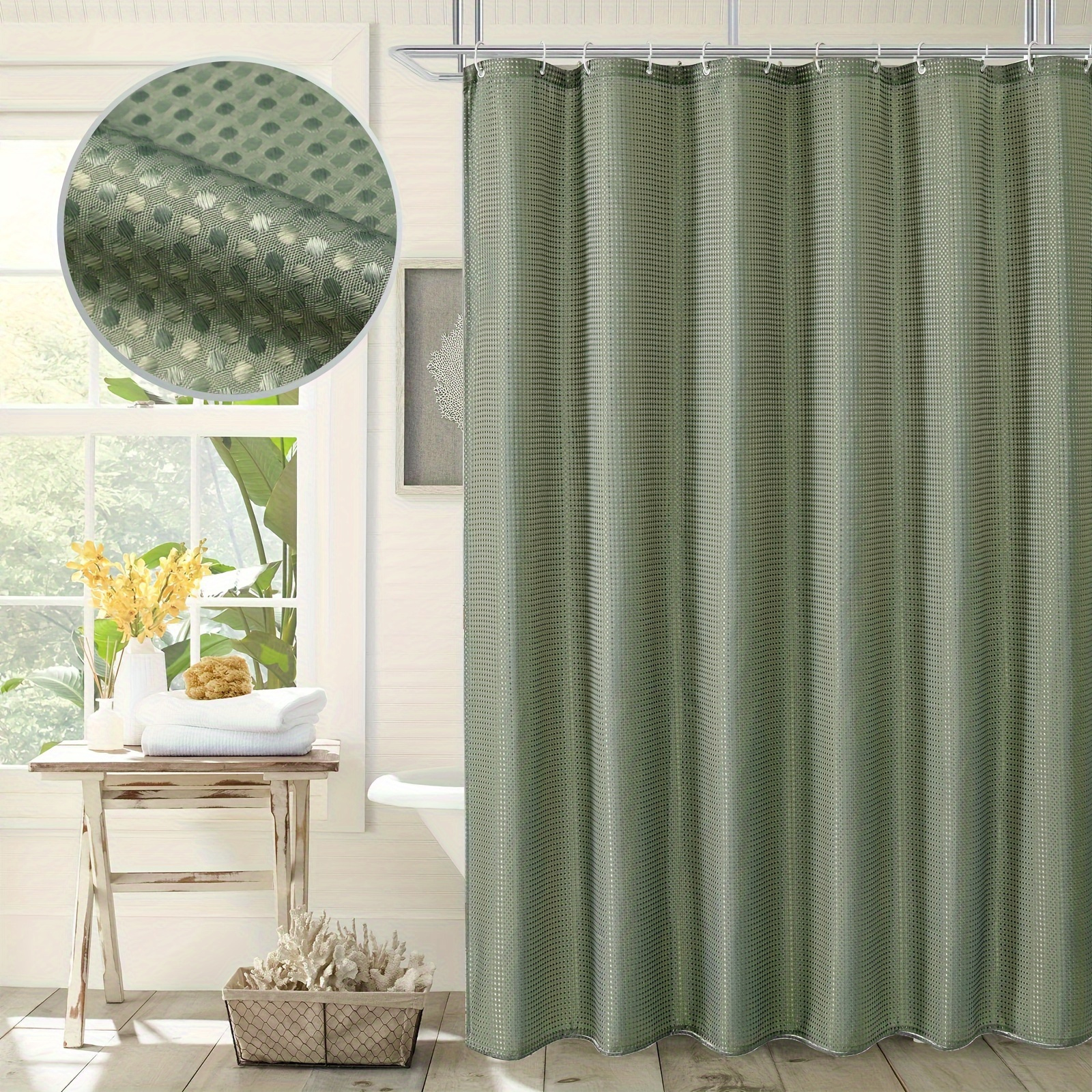 

Sage Green Waffle Weave Fabric Shower Curtain, Water-resistant Soft Cloth Bathroom Decor With 12 Plastic Hooks, Machine Washable Plaid Patterned Knit Shower Curtain Set - 71x71in.