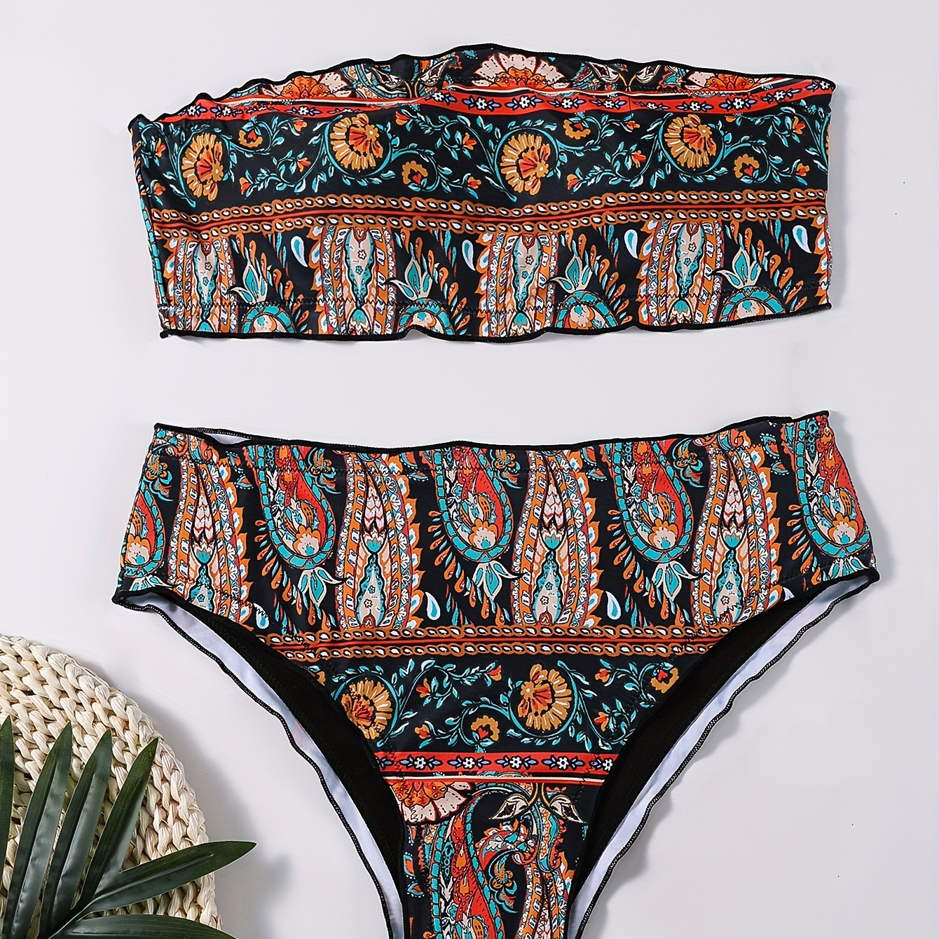 

Floral Pattern Bandeau 2 Piece Set Bikini, Tube Top Stretchy High Cut Swimsuits, Women's Swimwear & Clothing