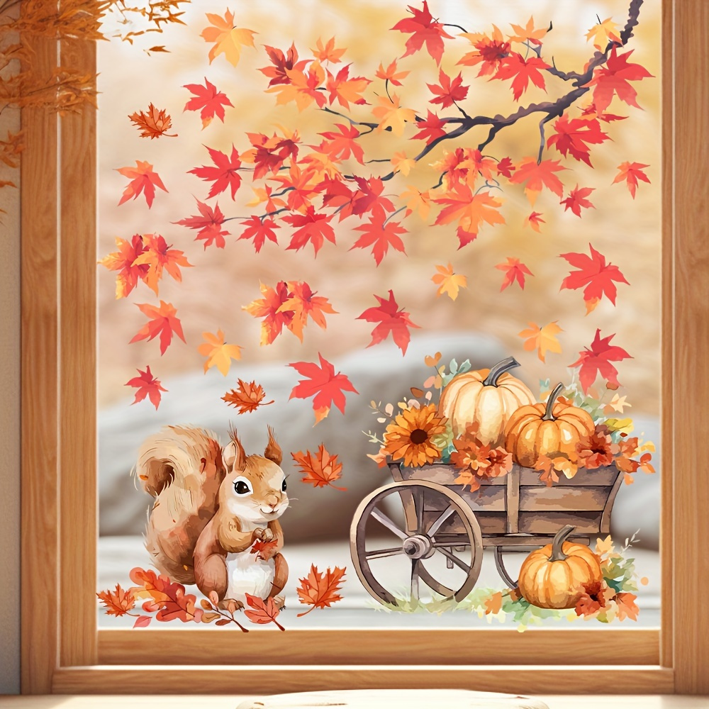 

Autumn Squirrel And Pumpkin Wagon Window Decal With Fall Leaves, 1pc Pvc Static Cling Decoration For Living Room, Bedroom, Dining Room, Study, Removable Seasonal Sticker For Holiday Party Favors