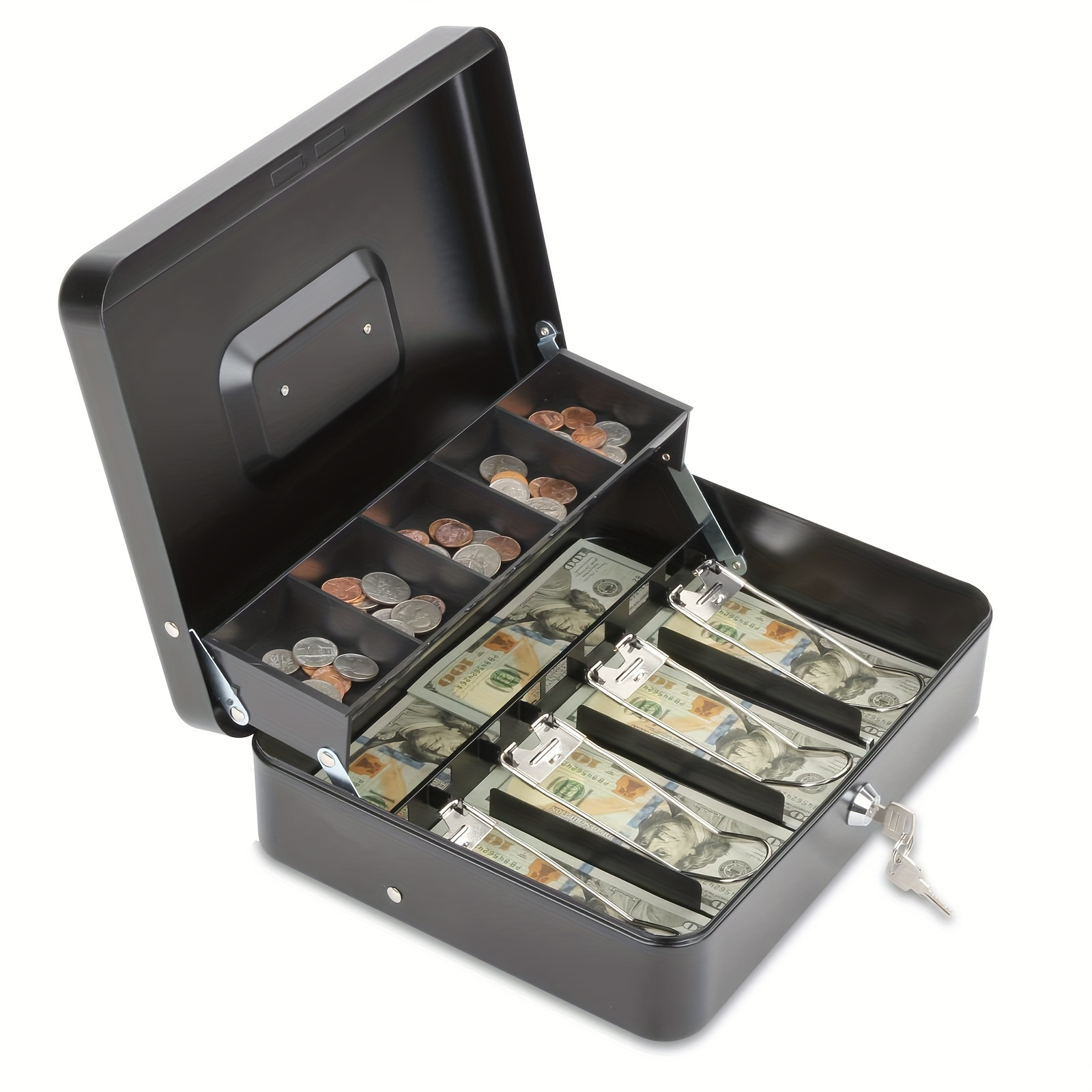 Caja de caudales metálica nº 5 con cerradura de llave, asa y bandeja con  compartimentos para dinero, monedas y billetes, 9 x 30