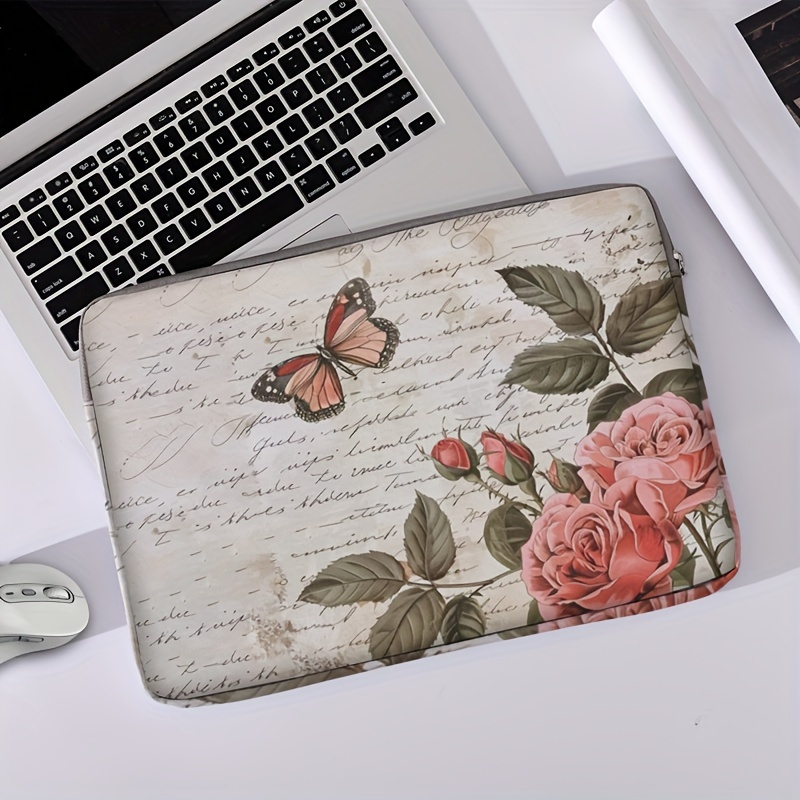 

1pc Butterfly Rose Printed Notebook Computer Bag, Simple Briefcase, Notebook Computer Protective Bag, Laptop Tablet Commuter Briefcase, File Storage Bag