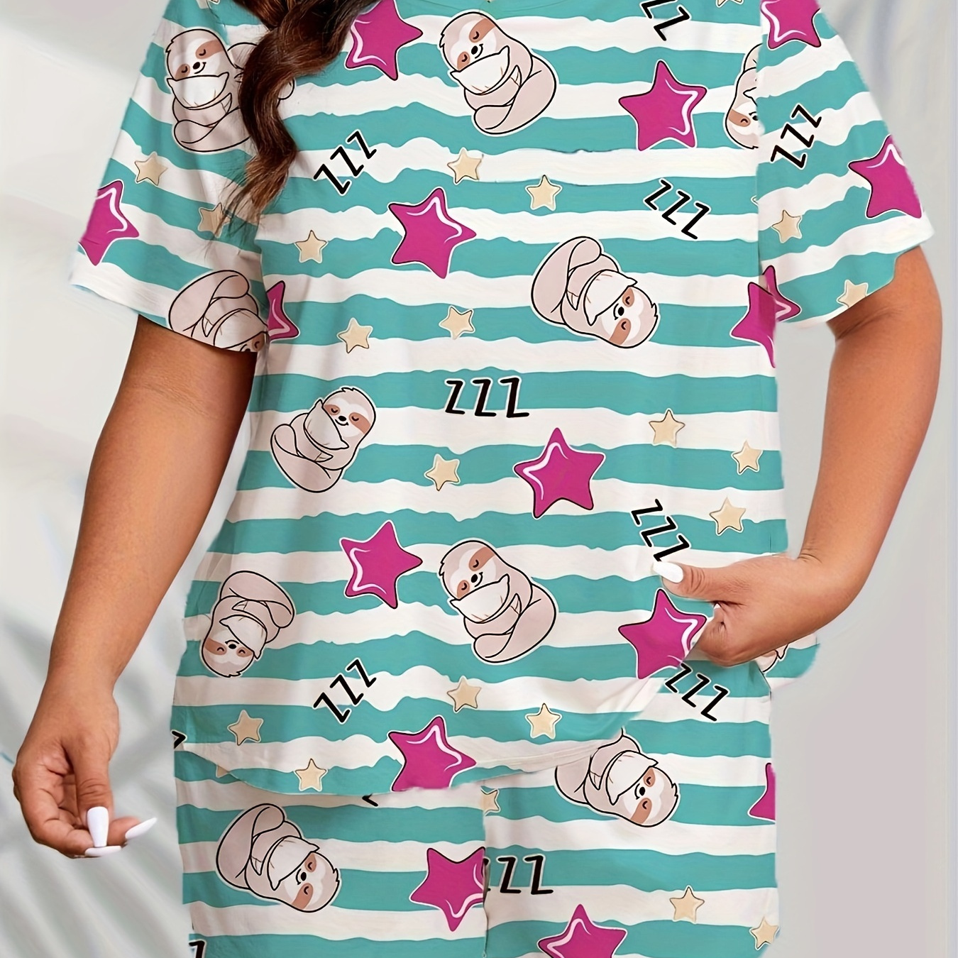 

Women's Plus Cute Pajamas Set, Plus Size Cartoon Sloth & Star & Striped Print Short Sleeve Top & Shorts Home Wear 2 Piece Set