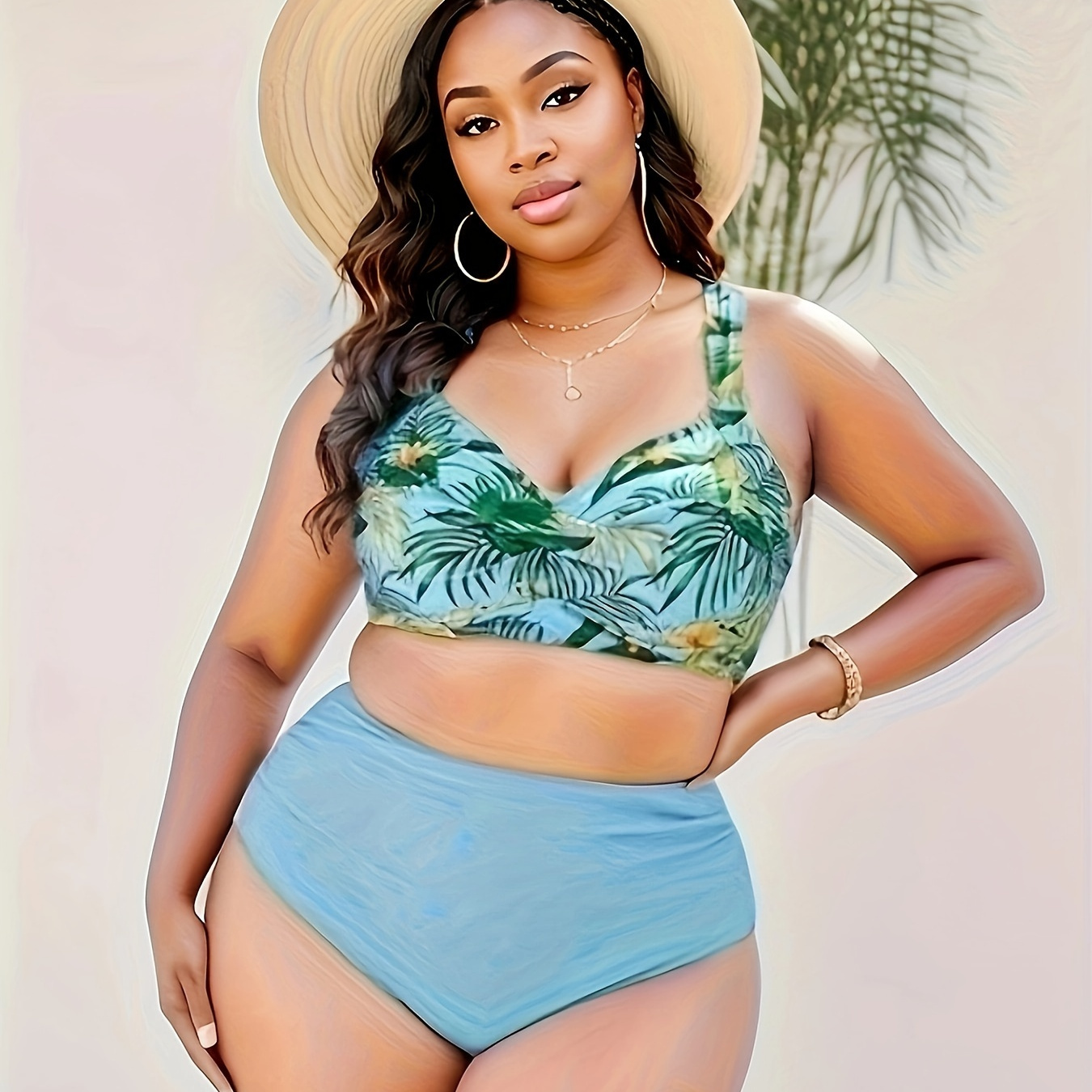 Plus Size Vacay Bikini Set Women's Plus Colorblock Tropical - Temu