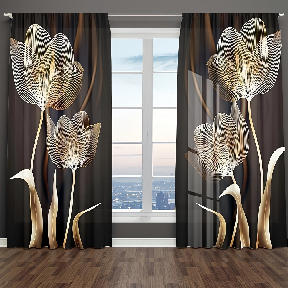 

2-piece Set Elegant Metallic & Black Floral Curtains - Rod Pocket Design, Digital Print Polyester Drapes For Living Room, Bedroom, Study, Bathroom, And Entryway Home Decoration