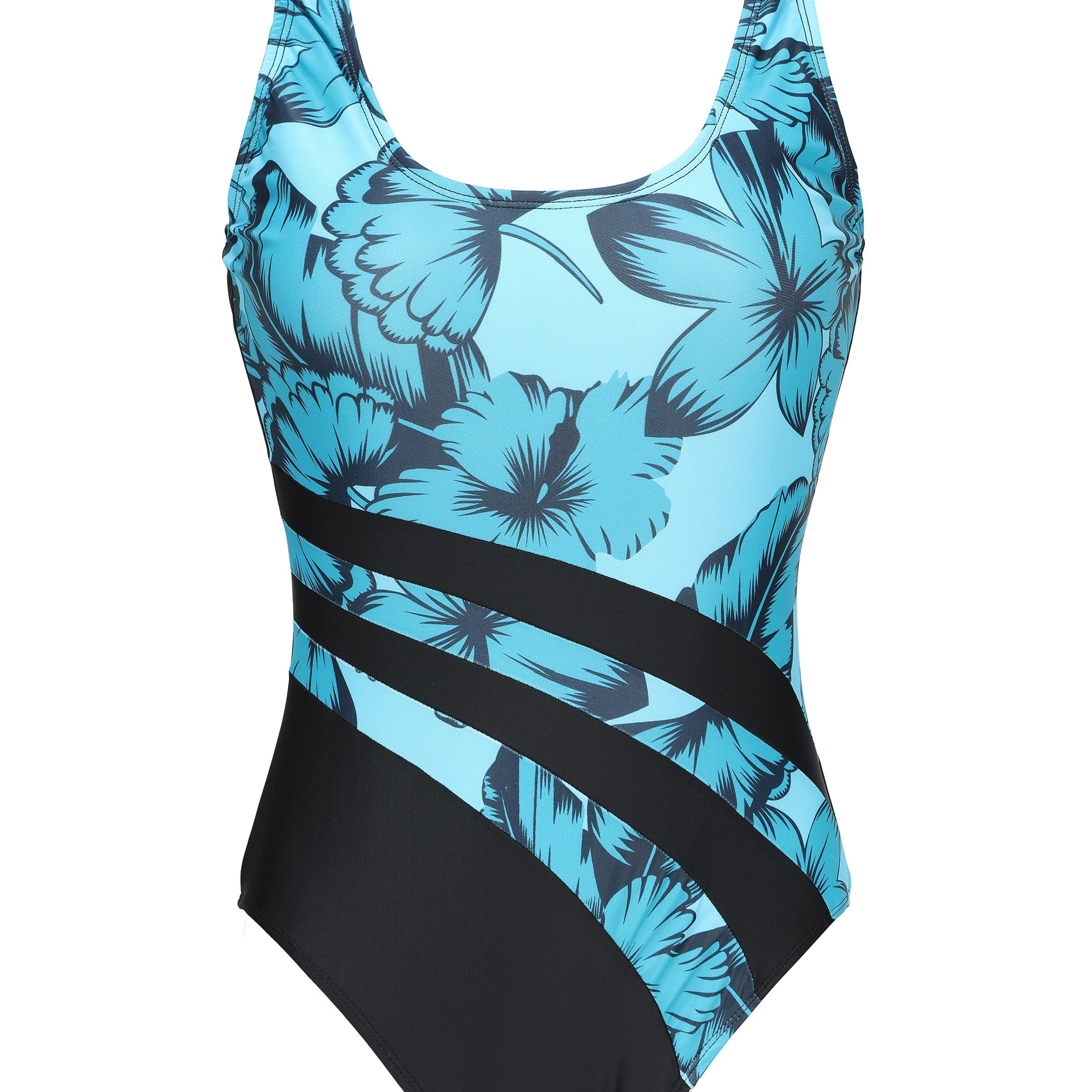 Dropship Floral Print Color Block Scoop Neck Swimsuit, High Cut