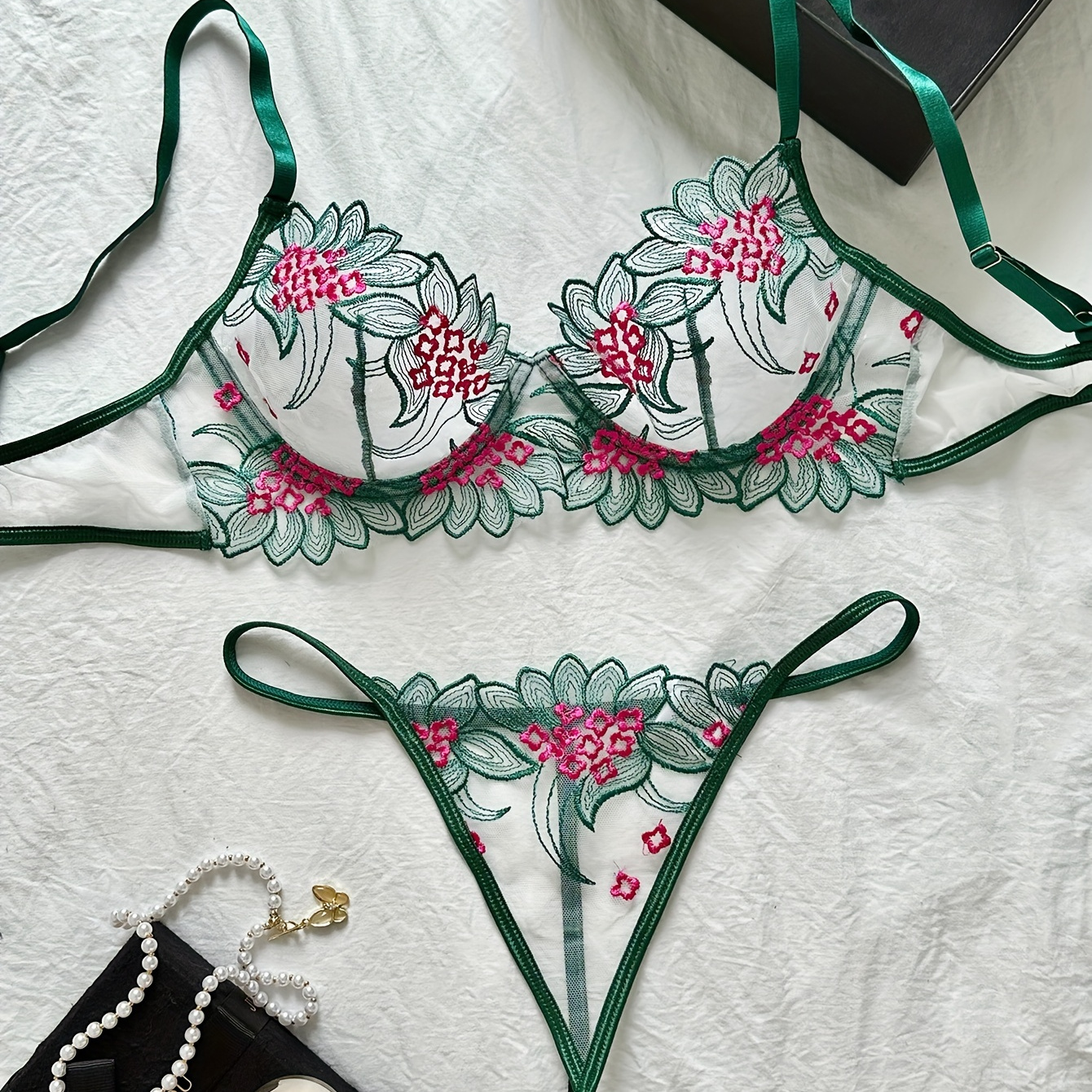 Floral Lace Lingerie Set Intimates Bra Panties Women's Sexy - Temu