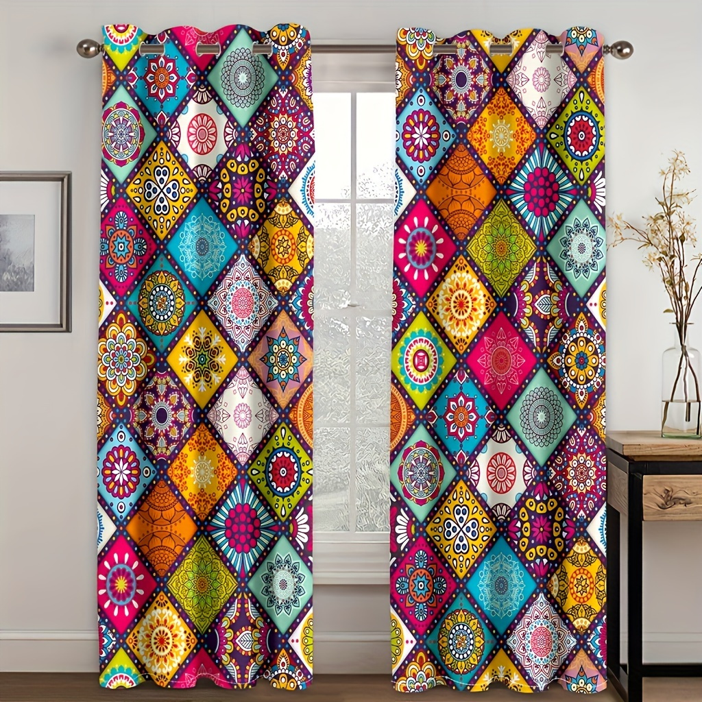 

2pcs Colorful Bohemian Curtains, Rod , Semi-transparent Polyester With Vibrant Mandala Print Patterns, Living Room, Bedroom, Kitchen, And Home Decor, Curtains For Living Room