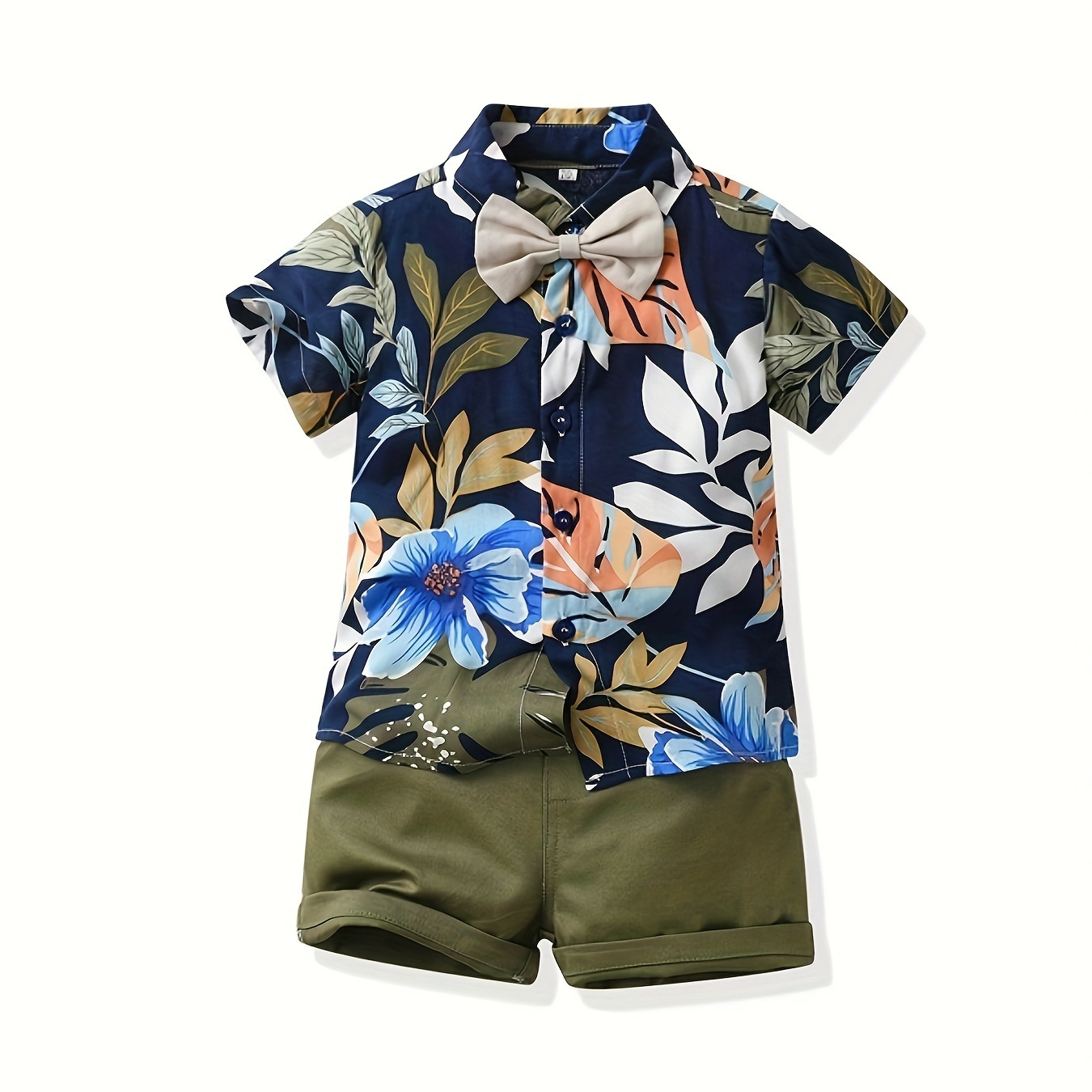 

2pcs Boys Hawaiian Style Short-sleeve Gentleman Outfit, Trendy Floral Pattern Bowtie Shirt & Elastic Waist Shorts, Boys Clothes For Vacation