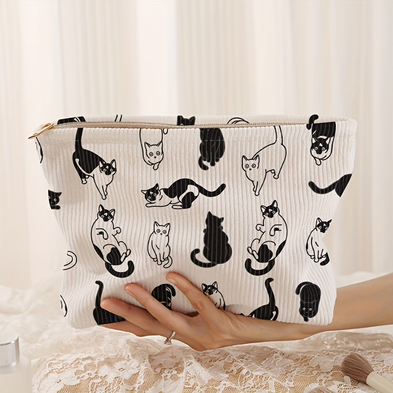 

Cute Cat Print Polyester Cosmetic Bag With Lining, Non-waterproof Zippered Pouch, Unscented Multifunctional Makeup Organizer