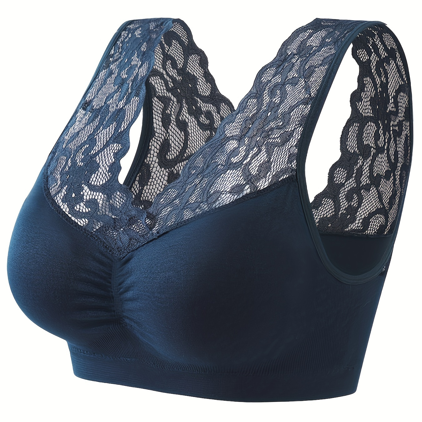 

Esselegance High-elasticity Sports Bra, No Underwire, Push-up, Removable Pads, Navy Blue Lace Detail, Ideal For Yoga & Running