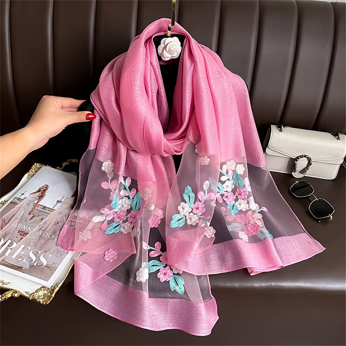 

Embroidered Flower Scarf Thin Breathable Shawl Mature Style Sunscreen Travel Scarf For Women