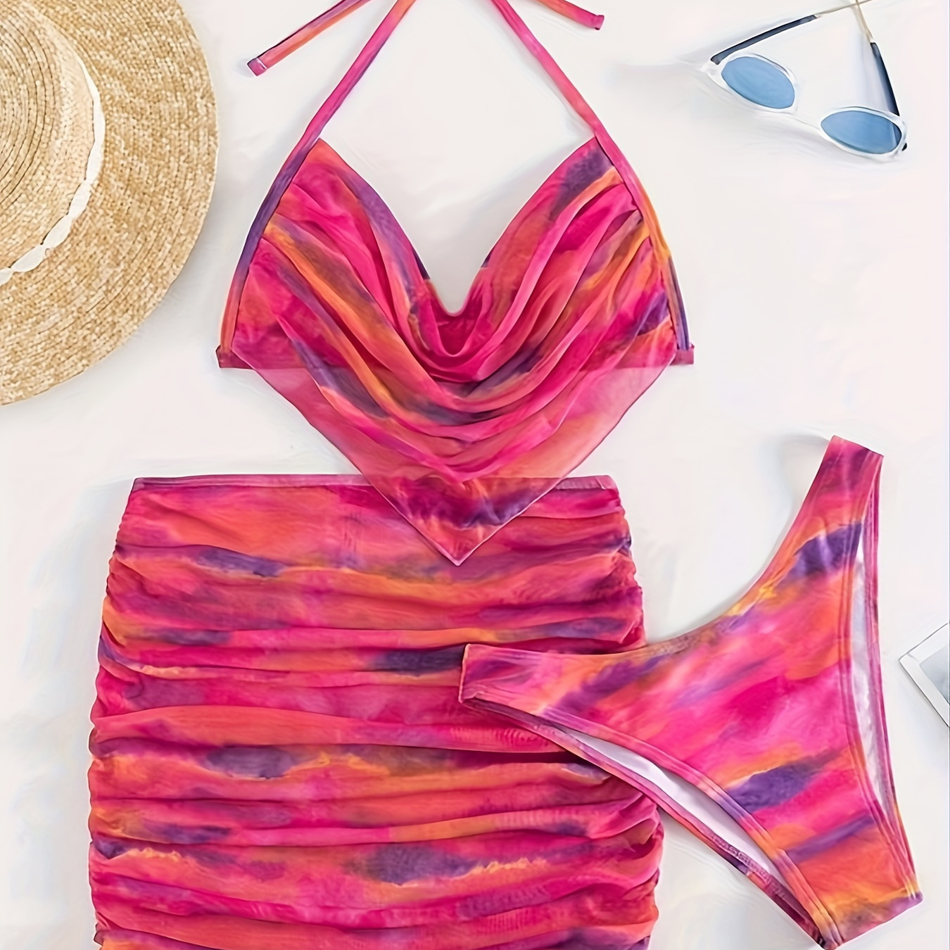 

Ombre Print Stretchy 3 Piece Set Swimsuits, Ruched Halter Bikini & Wrap Cover Up Skirt, Women's Swimwear & Clothing