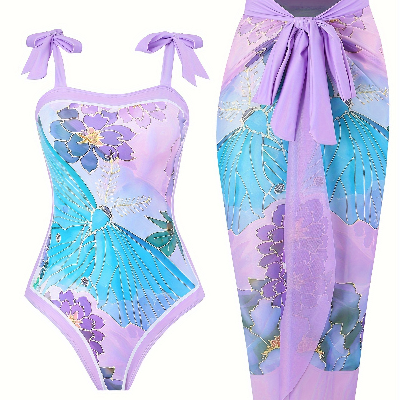 

Floral Butterfly Print Violet Elegant 2 Piece Swimsuits, Knot Shoulder High Stretch Sun Protection One-piece Bathing-suit & Cover Up Sarong Skirt, Women's Swimwear & Clothing For Holiday