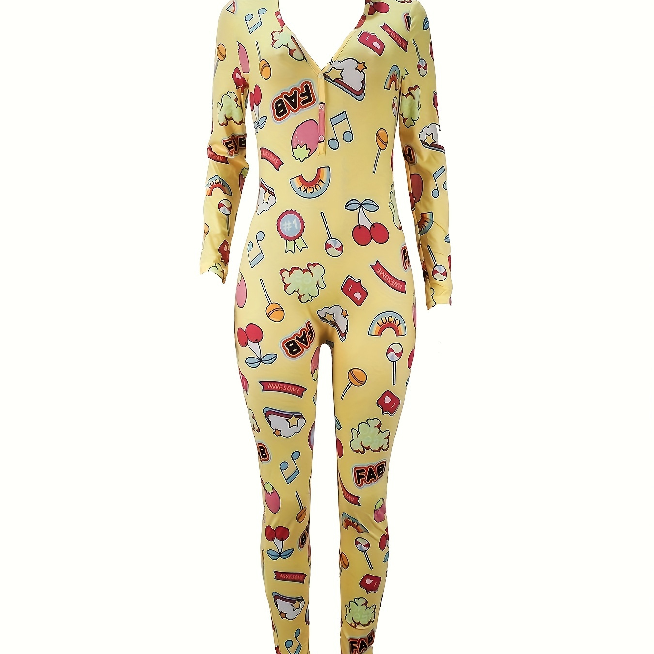 

Pattern Print Lounge Jumpsuit, Casual V Neck Long Sleeve Buttons Jumpsuit, Women's Loungewear & Sleepwear