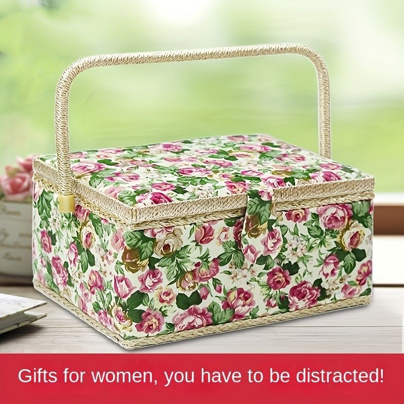 

Large Sewing Box, Fabric Portable Diy Sewing Hand Basket, Rose Print Fabric Basket