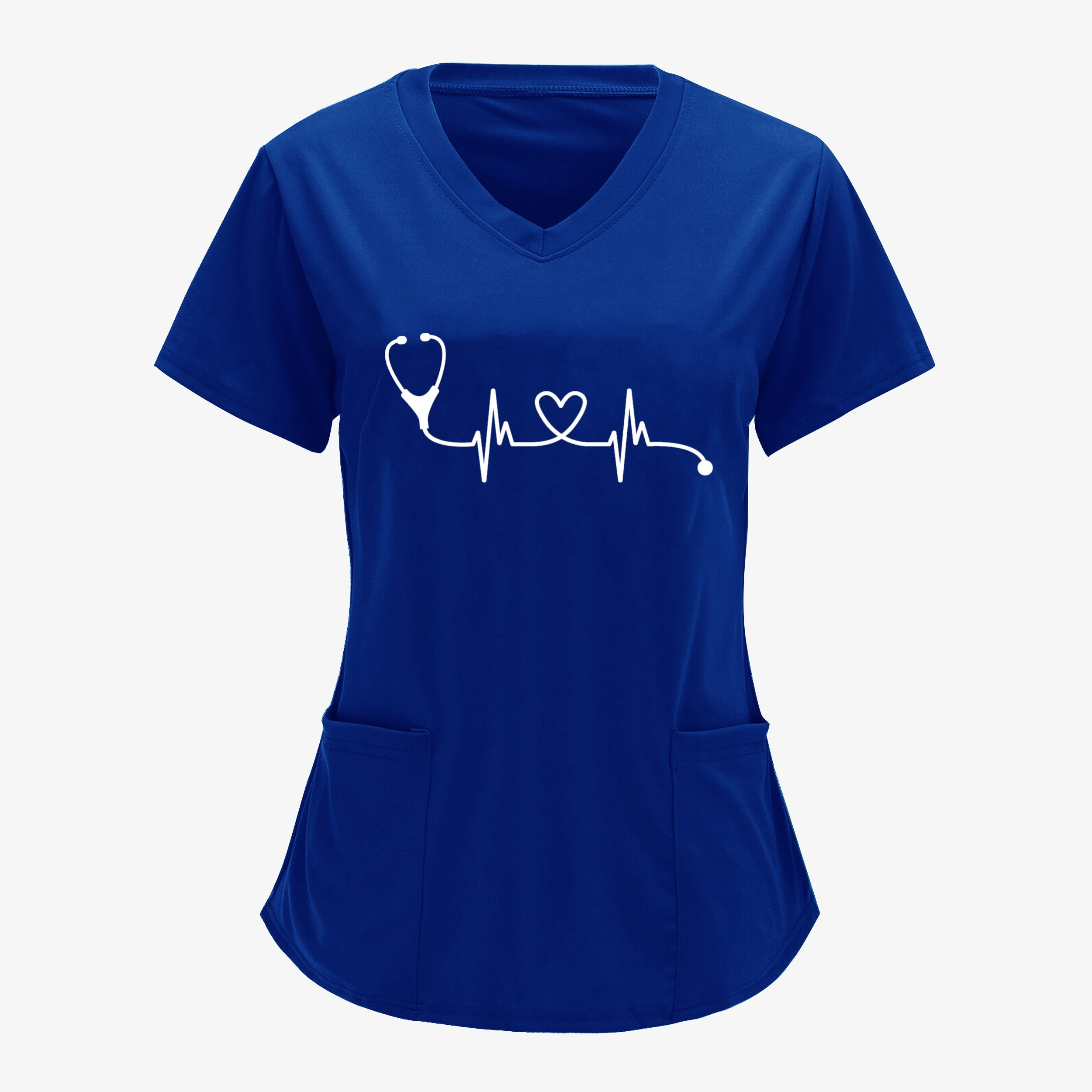 

Women's Chic V-neck T-shirt With Stethoscope Heartbeat Print, Polyester And Elastane Blend, Short Sleeve, Mid-length With Dual Patch Pockets, Medium Stretch Knit Fabric - Geometric Pattern Printing