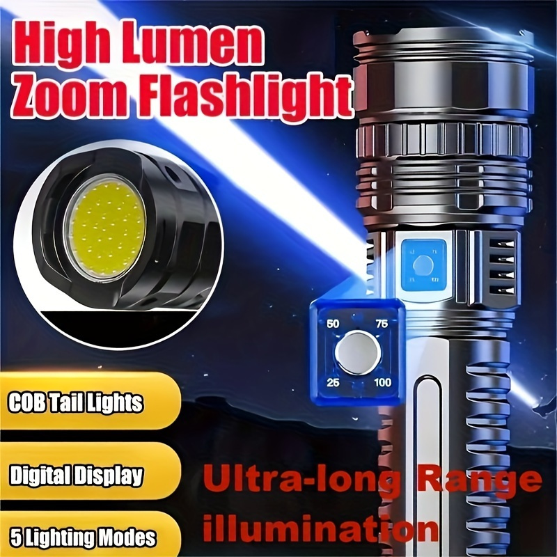

1pc Super Bright Led Flashlight Built-in Battery Usb Rechargeable With Cob Tail Light For Outdoor Home Use