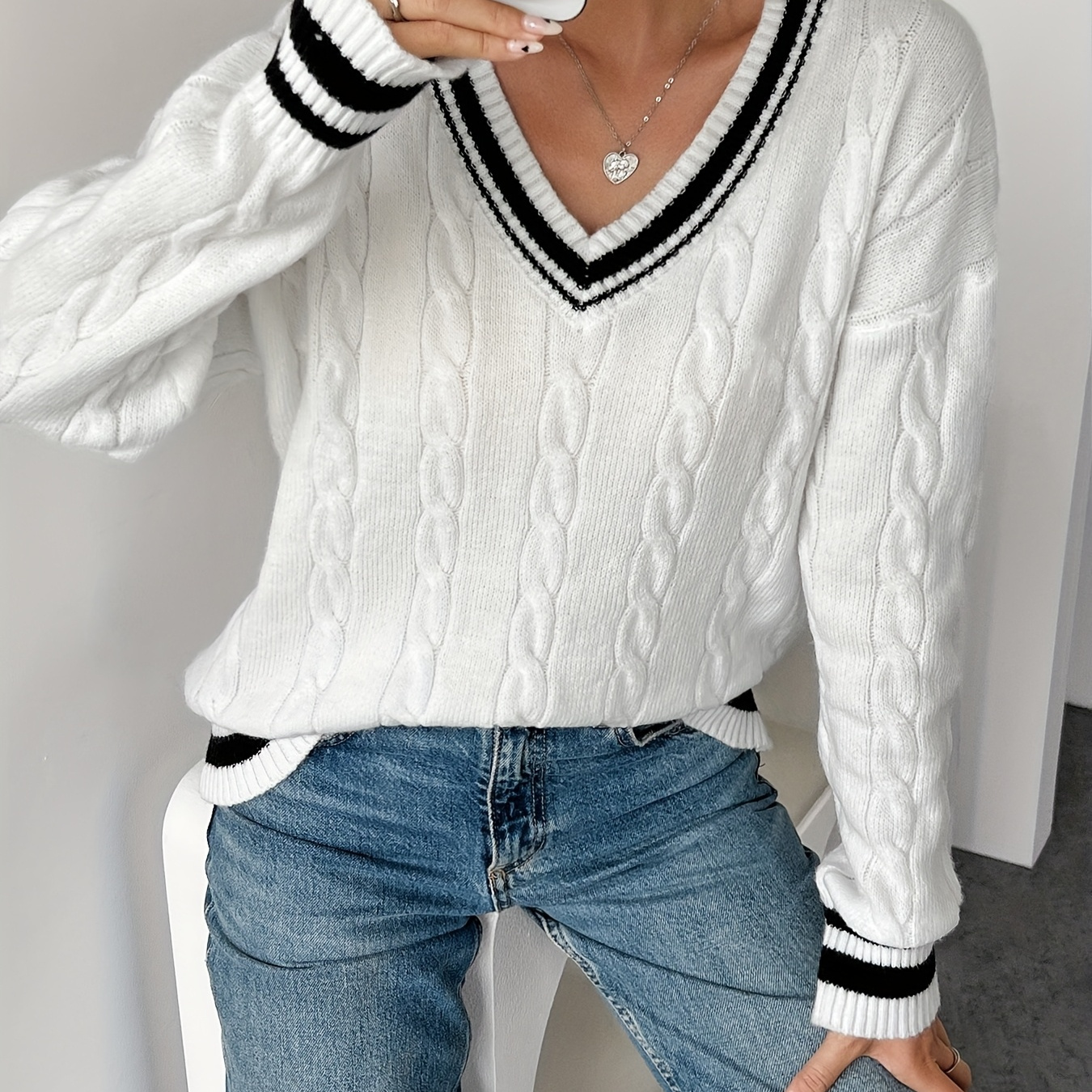 

Fall/winter Casual V-neck Rib-knit Pullover Sweater - Solid Color, Drop Shoulder, Long Sleeve, Polyester, High Stretch, Regular Fit