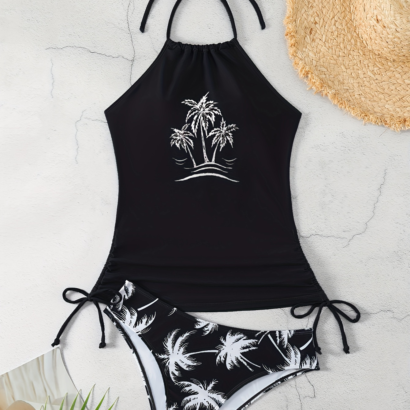 

Tropical Coconut Tree Print Halter 2 Piece Set Tankini, Tie Neck Backless Drawstring Stretchy Swimsuit For Beach Pool Bathing, Women's Swimwear & Clothing
