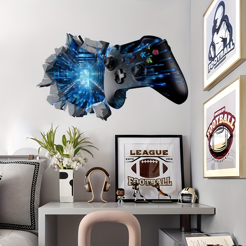 

Contemporary 3d Game Controller Breakthrough Wall Decal, Cartoon Space Themed Pvc Wall Sticker, Reusable Oblong Shape, Matte Finish, Self-adhesive Room Decor For Glass Surfaces