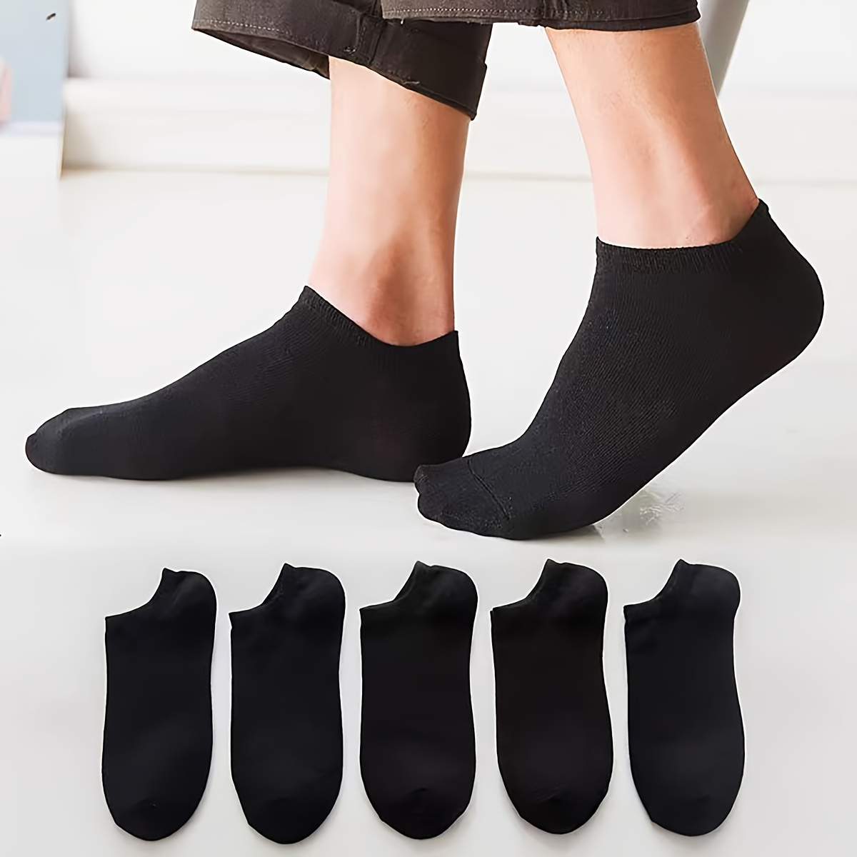 

5 Pairs Simple Solid Black Ankle Socks, Comfy & Breathable Short Socks, Women's Stockings & Hosiery