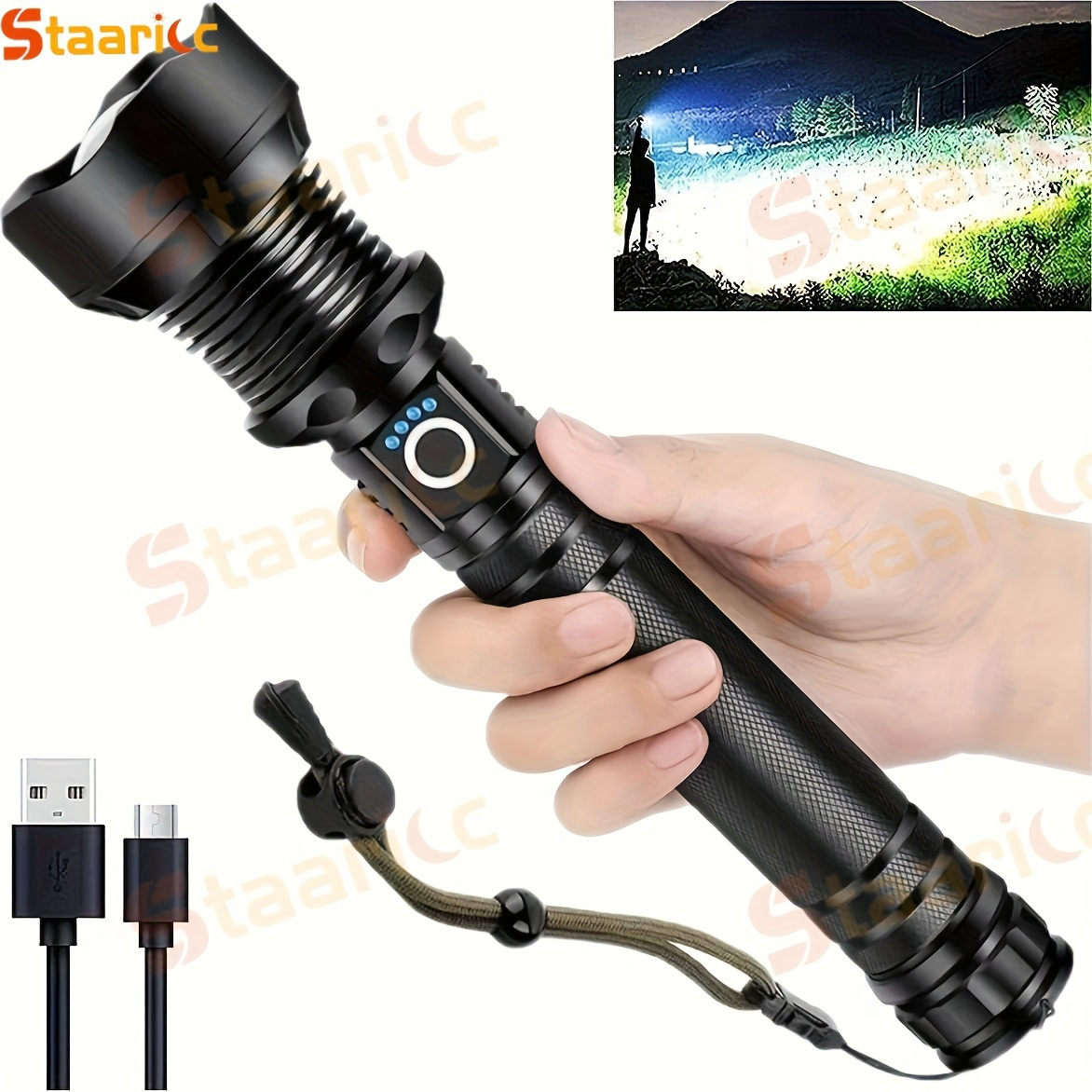 

Staaricc 1pc Rechargeable High Lumen Led Flashlights, Xhp70 Super Bright Flashlights Zoomable, With Usb Cable 5 Modes, For Outdoor Patrol Camping Fishing Hunting Emergencies