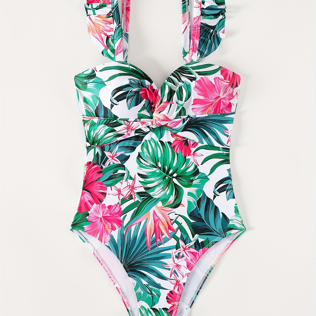 

Tropical Floral Leaf Print Ruffle Trim Swimsuit, Twist High Cut Stretchy V Neck Bathing Suit, Women's Swimwear & Clothing