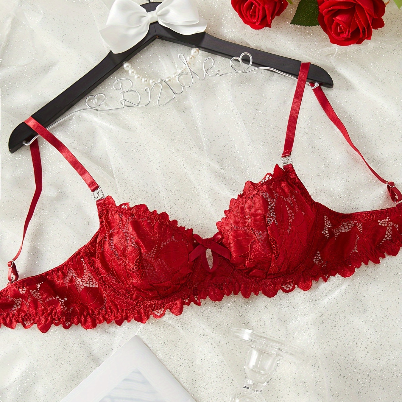 

Elegant Solid Lace Bow Bra, Comfy & Breathable Bra, Women's Lingerie & Underwear