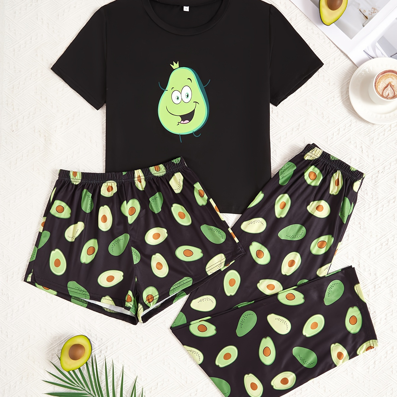 

Women's Printed Avocado Casual 3-piece Pajama Set, Loose Short Sleeve T-shirt With Matching Shorts And Long Pants, Comfort Loungewear