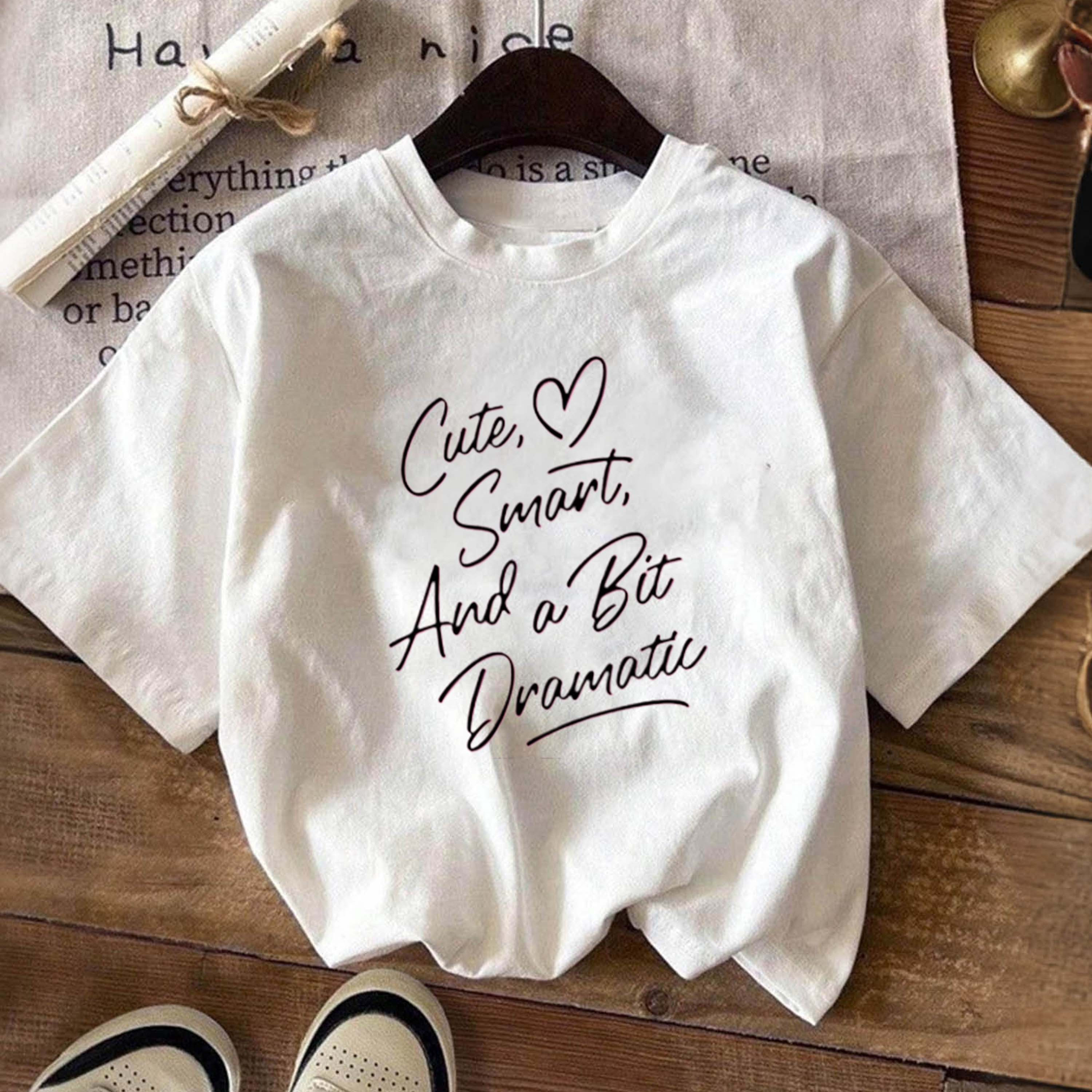 Girls' 100% Cotton Relaxed Fit Short-Sleeve T-Shirt - "Cute, Smart & Dramatic" Graphic Print Casual Summer Top, Breathable Round Neck Tee for Teen Girls, Non-Transparent Machine-Washable Casual Attire, Shirts for Girls, Teenage Fashion, Comfortable Knit Fabric