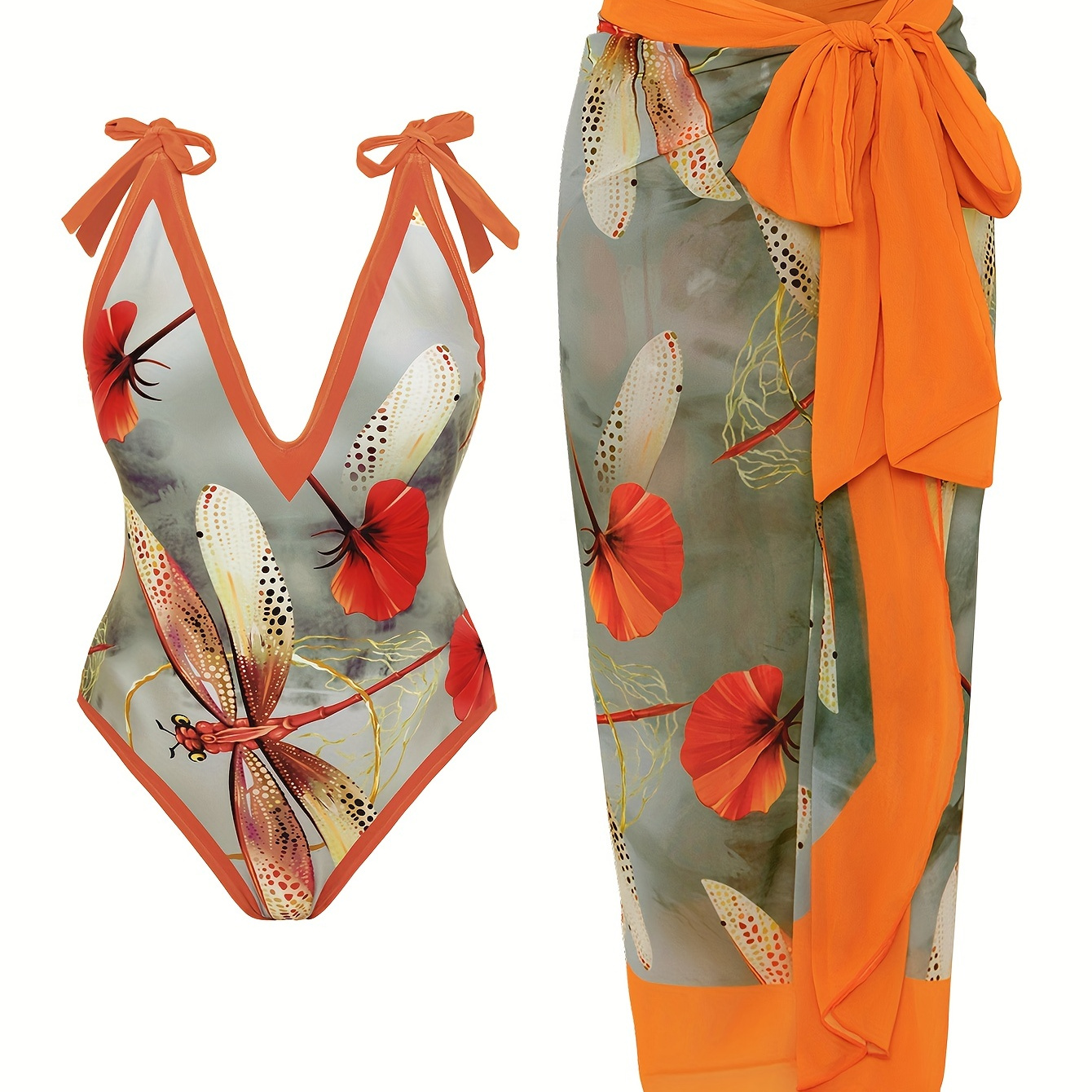

Dragonfly Leaf Print Orange Retro 2 Piece Swimsuits, Deep V Neck Tie Shoulder One-piece Bathing-suit & Bowknot Cover Up Skirt, Women's Swimwear & Clothing