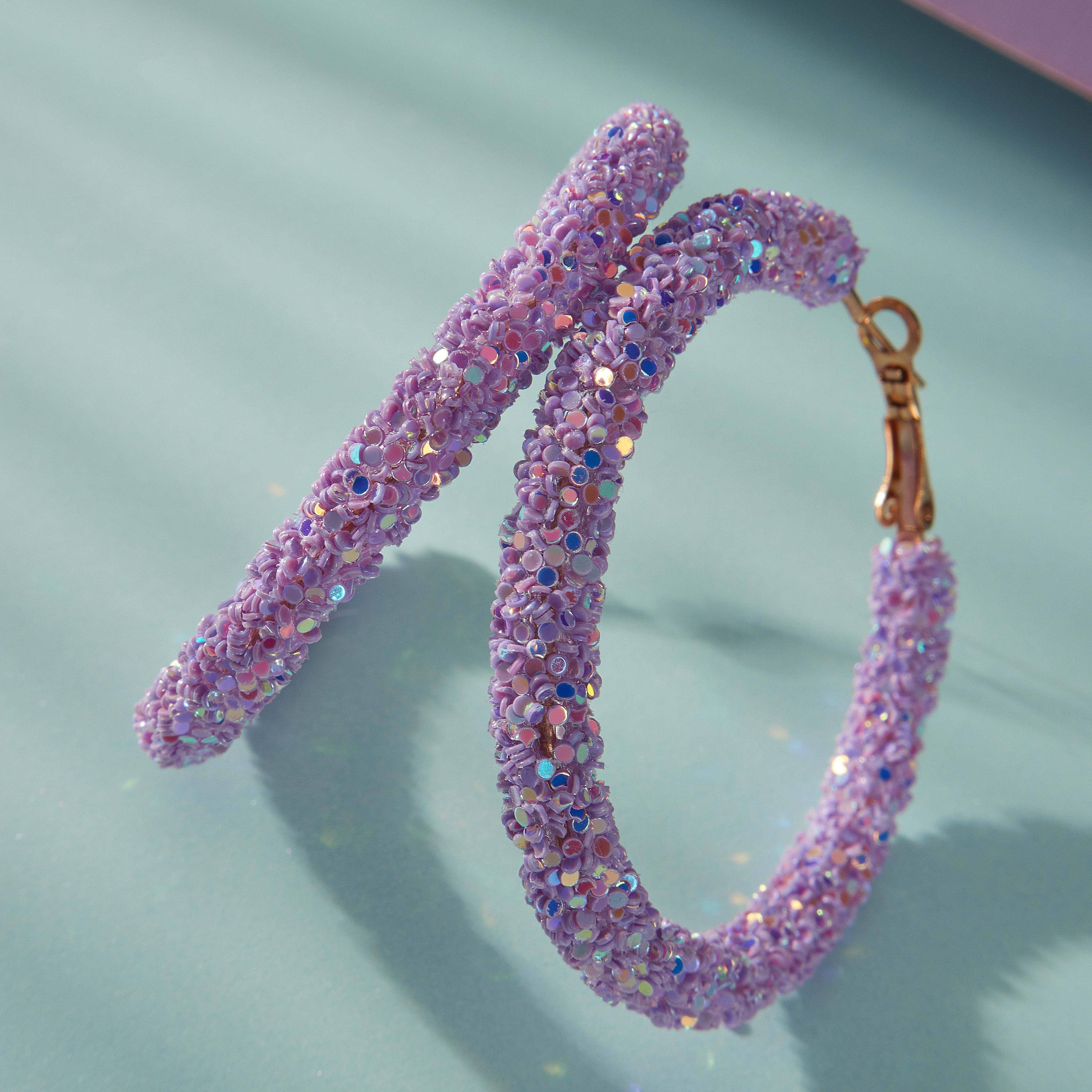 

Pair Of Chic Lavender Hoop Earrings With Sparkling Sequins - Cute & Vintage-inspired, Soft Clay Texture, Golden-tone Clasp - Ideal For Parties, & Valentine's Gift