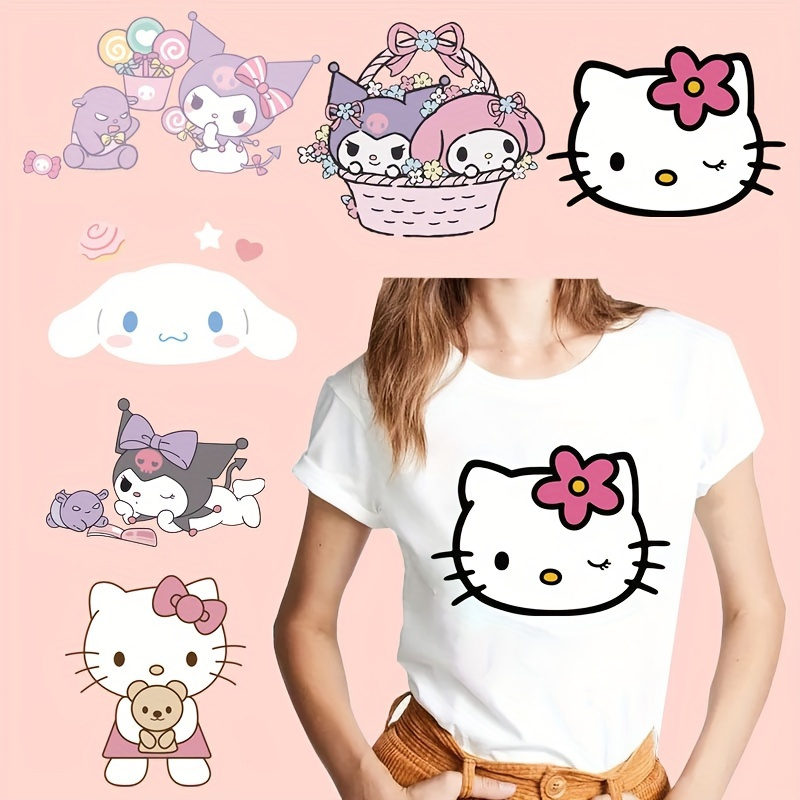 

6pcs/set Hello Kitty, My Melody, Kuromi, Cinnamoroll Transfer Sticker On T-shirt Diy Washable Iron On Transfer For Hat Bag Colorful Design Patches On Clothes Appliqued