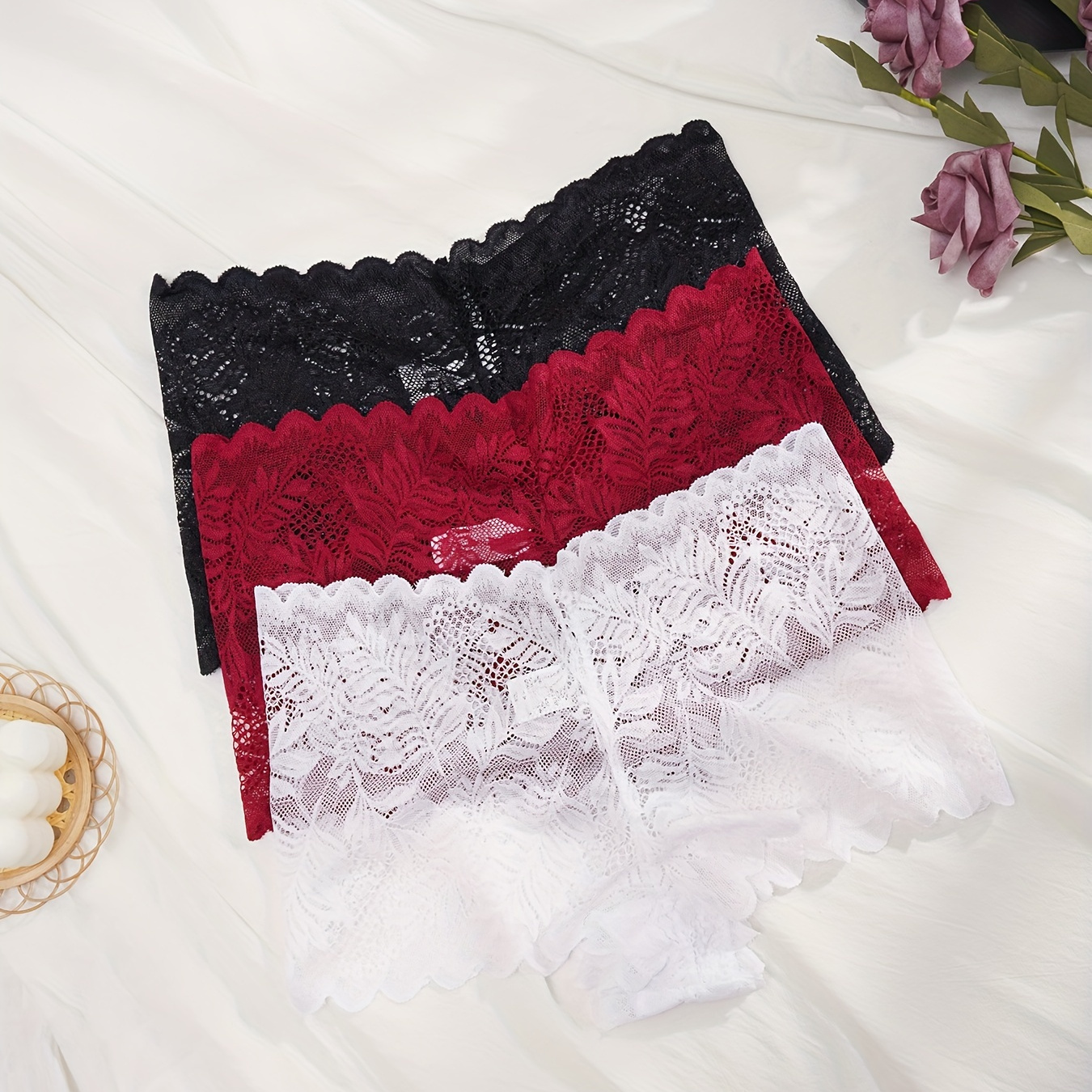 

3pcs Floral Lace Panties, Semi-sheer Scallop Trim Intimates Panties, Women's Lingerie & Underwear